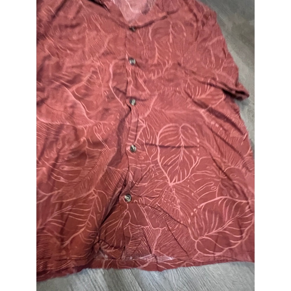 Terracotta Tropical Leaf Print Short Sleeve Button Down Shirt Pocket Top XL